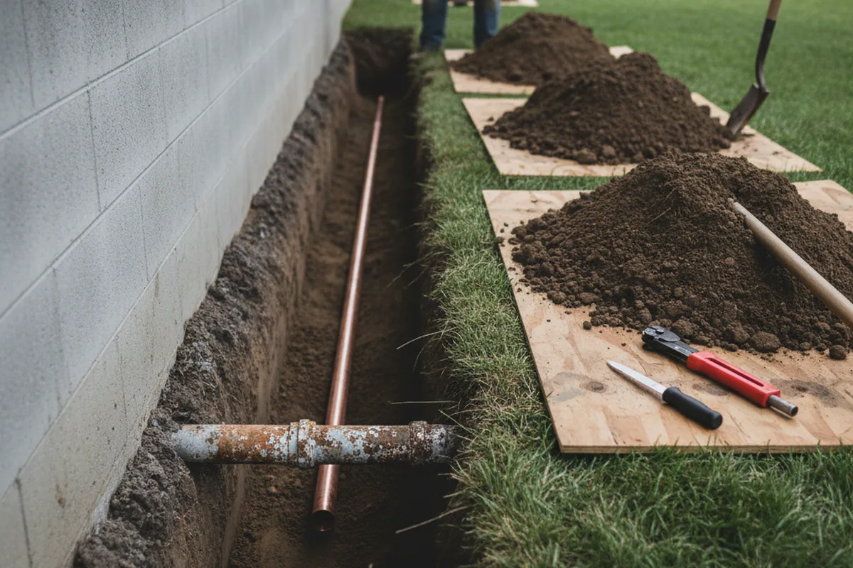 Excavated water line trench during Sewer Line Repair in Wilkinson